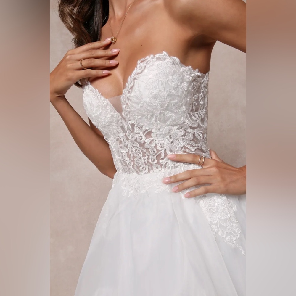 Mine, All Mine White Embroidered Organza Strapless A-Line Gown - Picture 4 of 5